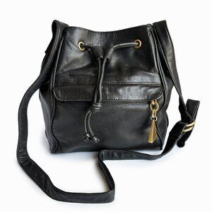 Americana by Sharif Drawstring Bag Black Leather Retro 80s Crossbody Vin…